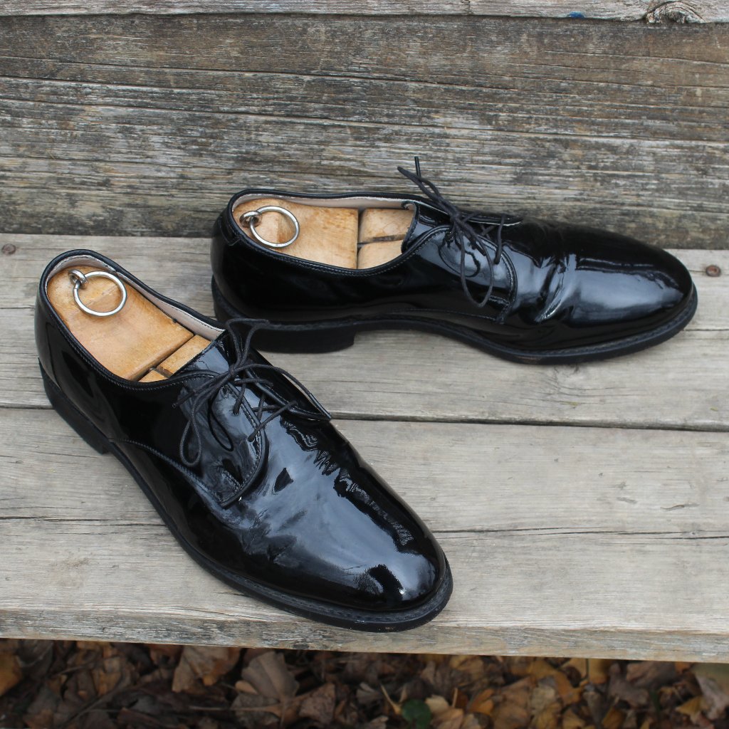 Allen Edmonds Black Patent Leather Plain Toe Derby, Men's 9 D, Made In Usa